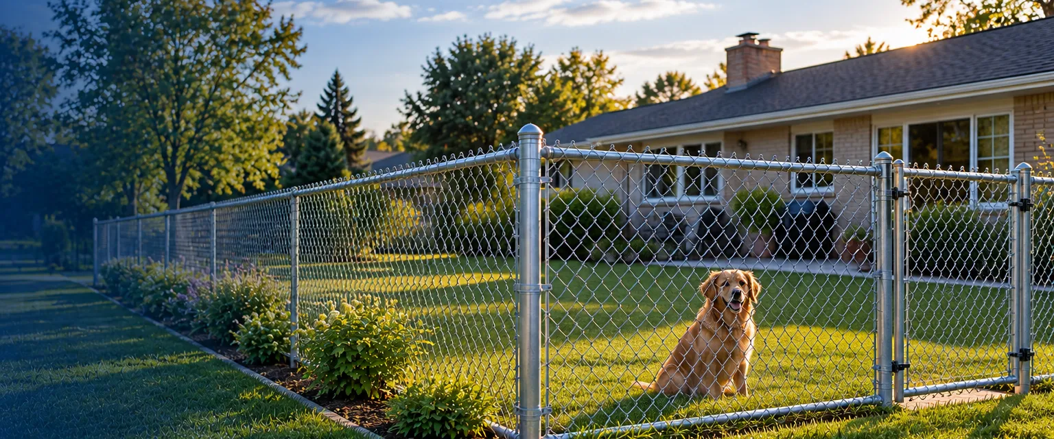 A new galvanized chain-link fence stretched around a level ranch-house backyard, a small dog sitting on the grass near a walk gate