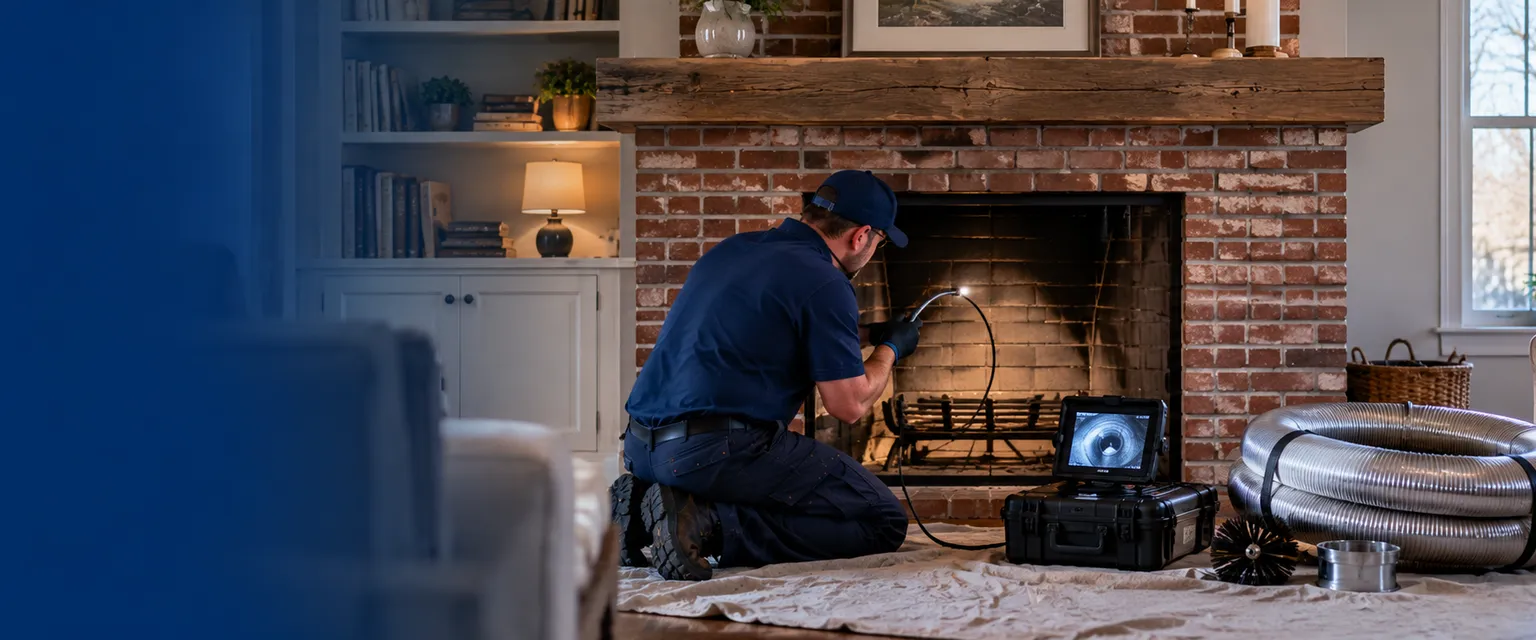 A clean brick fireplace with the hearth covered by a drop cloth, an inspection camera cable and a stainless liner coil beside it
