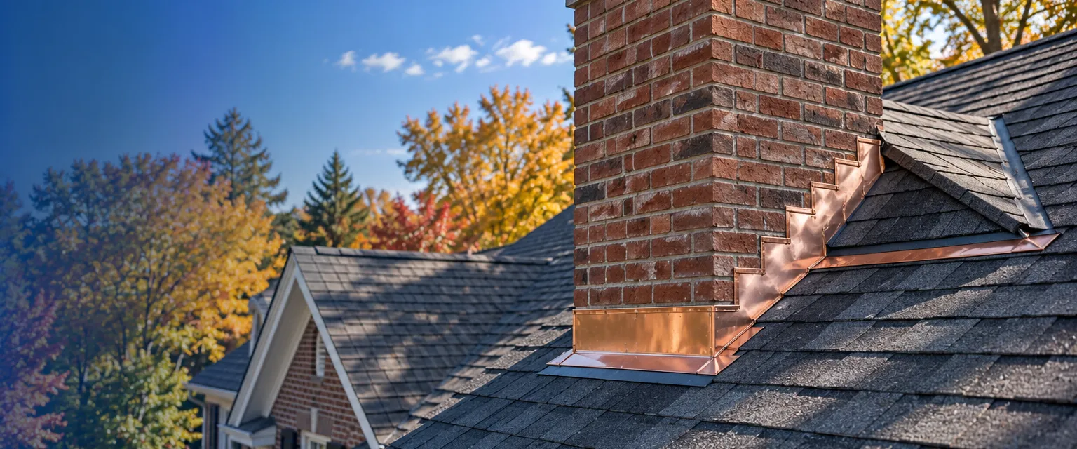 A brick chimney rising from a dark shingle roof, new copper step and counter flashing stepped up the side and set into the mortar joints, a cricket behind it