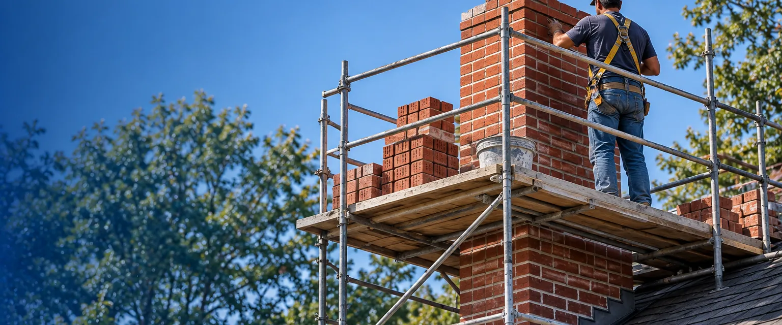 A tall chimney being rebuilt with new brick above the roofline, enclosed by pipe scaffolding with guardrails and planks, a harnessed mason on the platform seen from behind