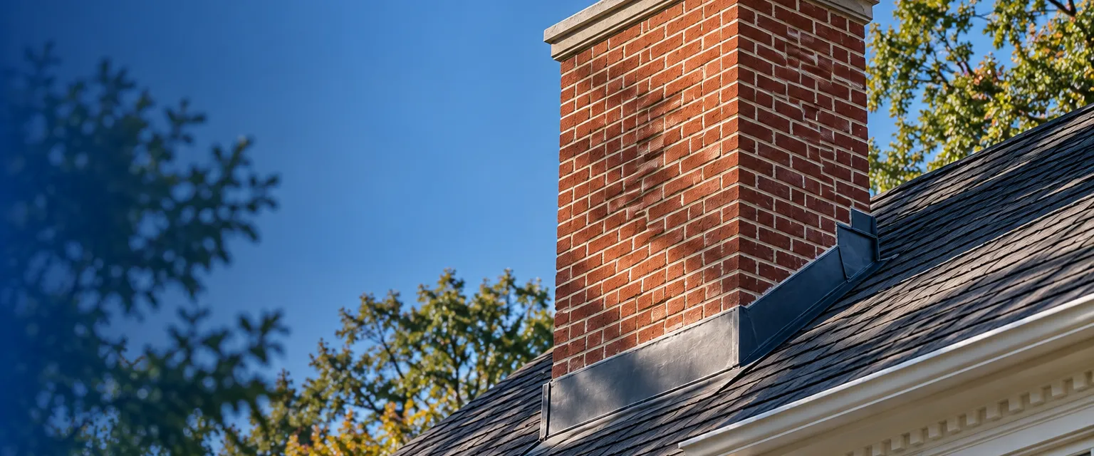 A restored red brick chimney on a steep shingled roof of a colonial home, new mortar joints, a fresh concrete crown and clean metal flashing against a blue sky
