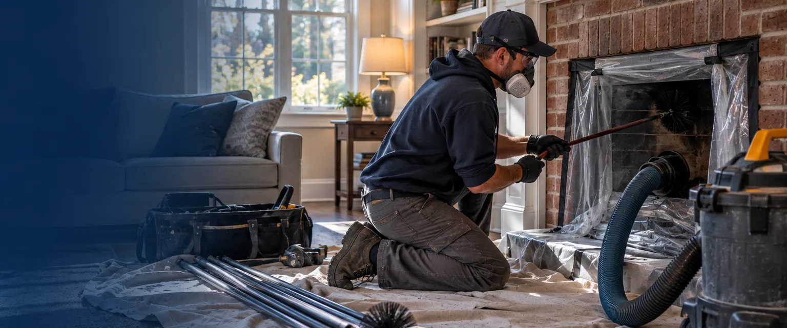 A chimney sweep in a respirator kneeling at a brick hearth, drop cloths spread wide, a brush rod up the flue and a vacuum hose sealed to the firebox
