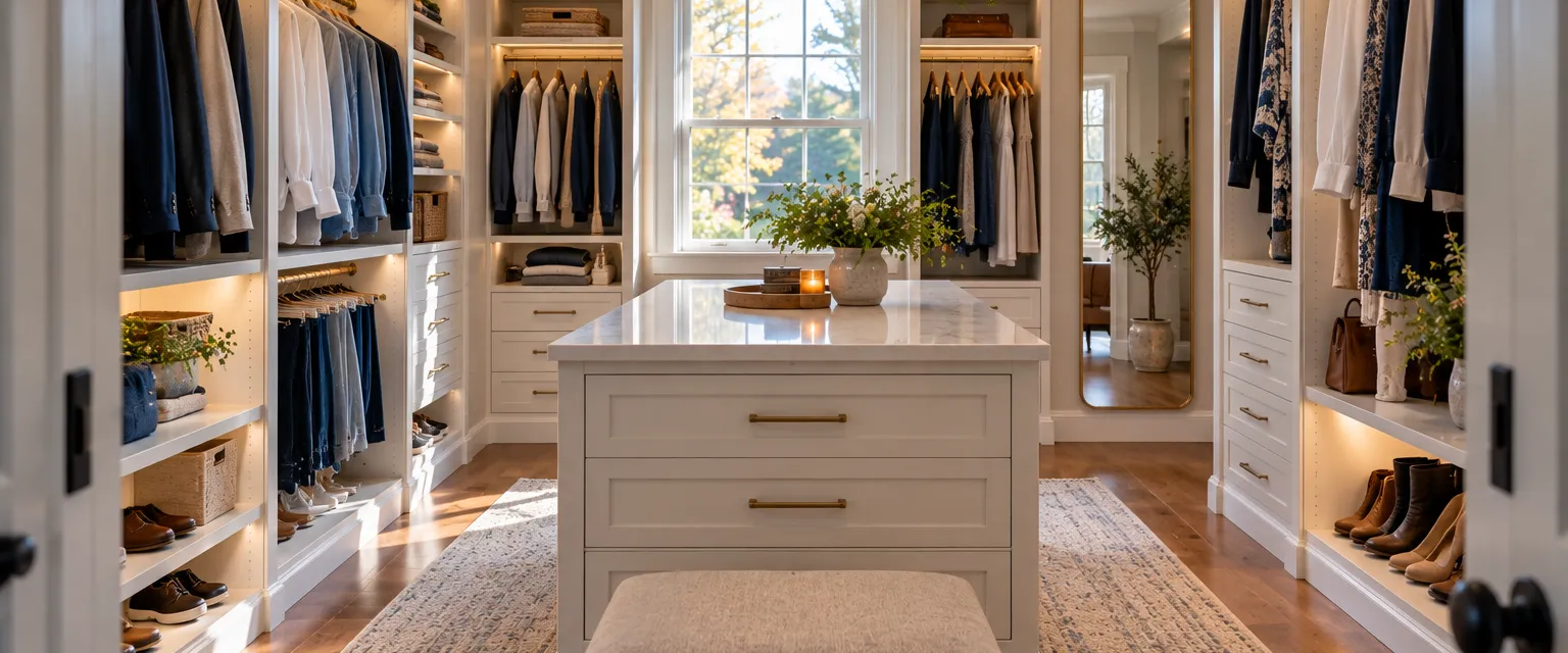 A walk-in closet with white shelving, evenly spaced hanging rods, a center island with drawers and LED strip lighting