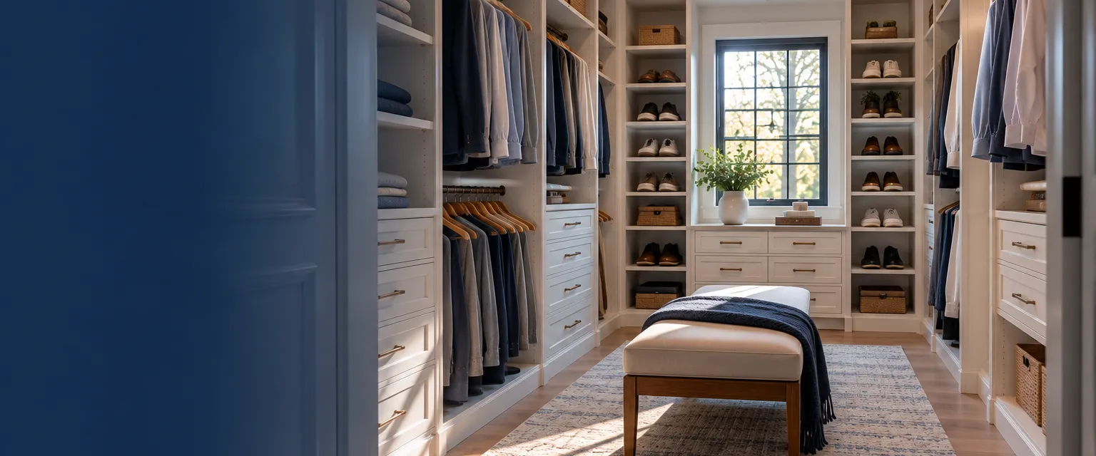 A walk-in closet with white melamine towers, drawers, shoe shelves and double hanging rods, a padded bench in the middle