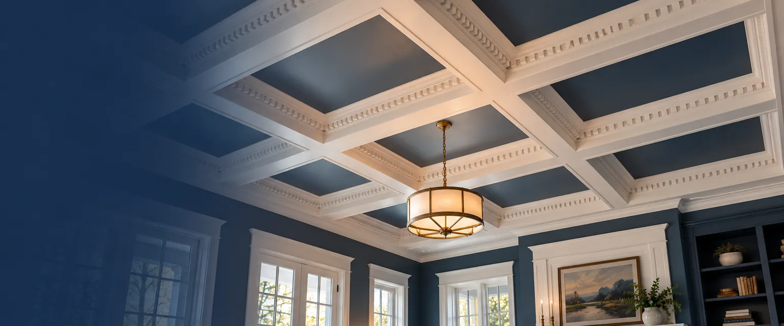 A wide upward view of a white coffered ceiling with deep square recesses outlined by beams and dentil trim, a pendant hanging from the center coffer