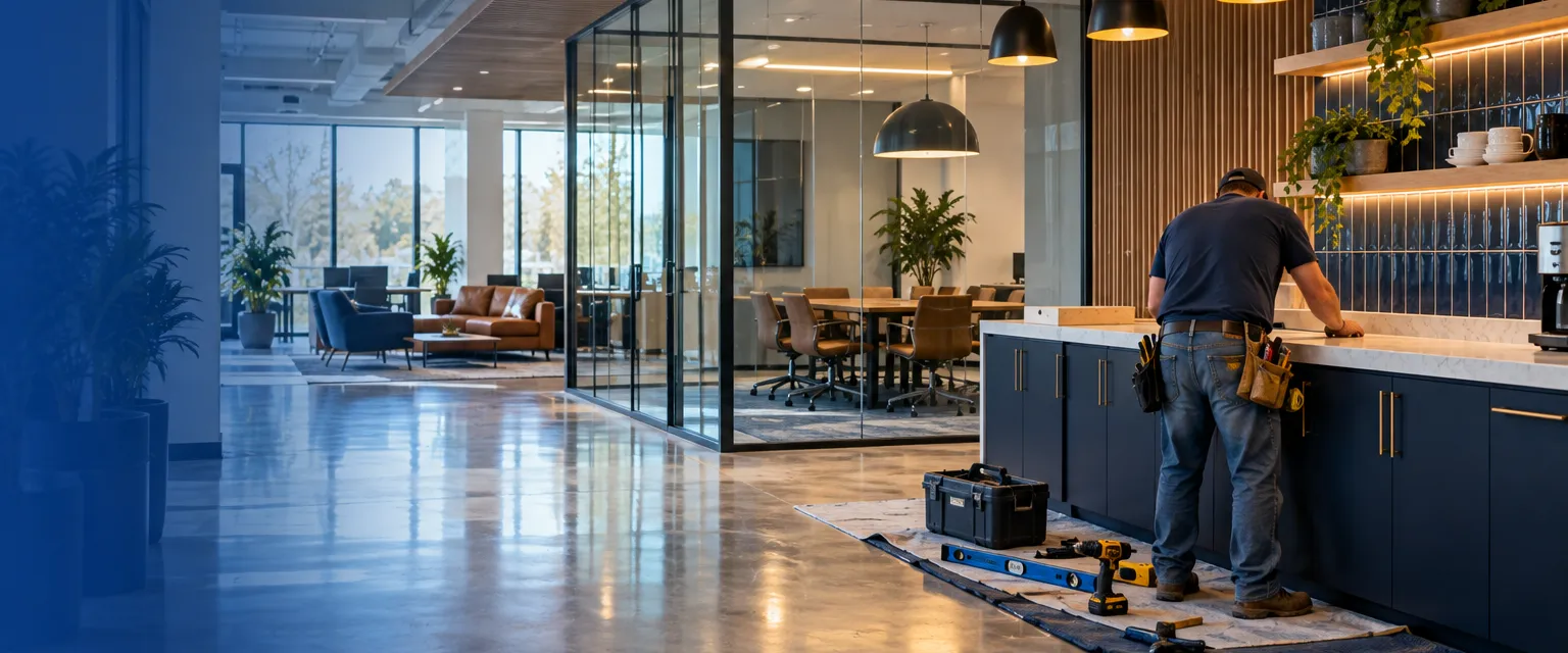A refreshed open office with polished concrete floors, a glass-walled conference room, wood slat ceiling panels, and a worker fitting a coffee bar counter