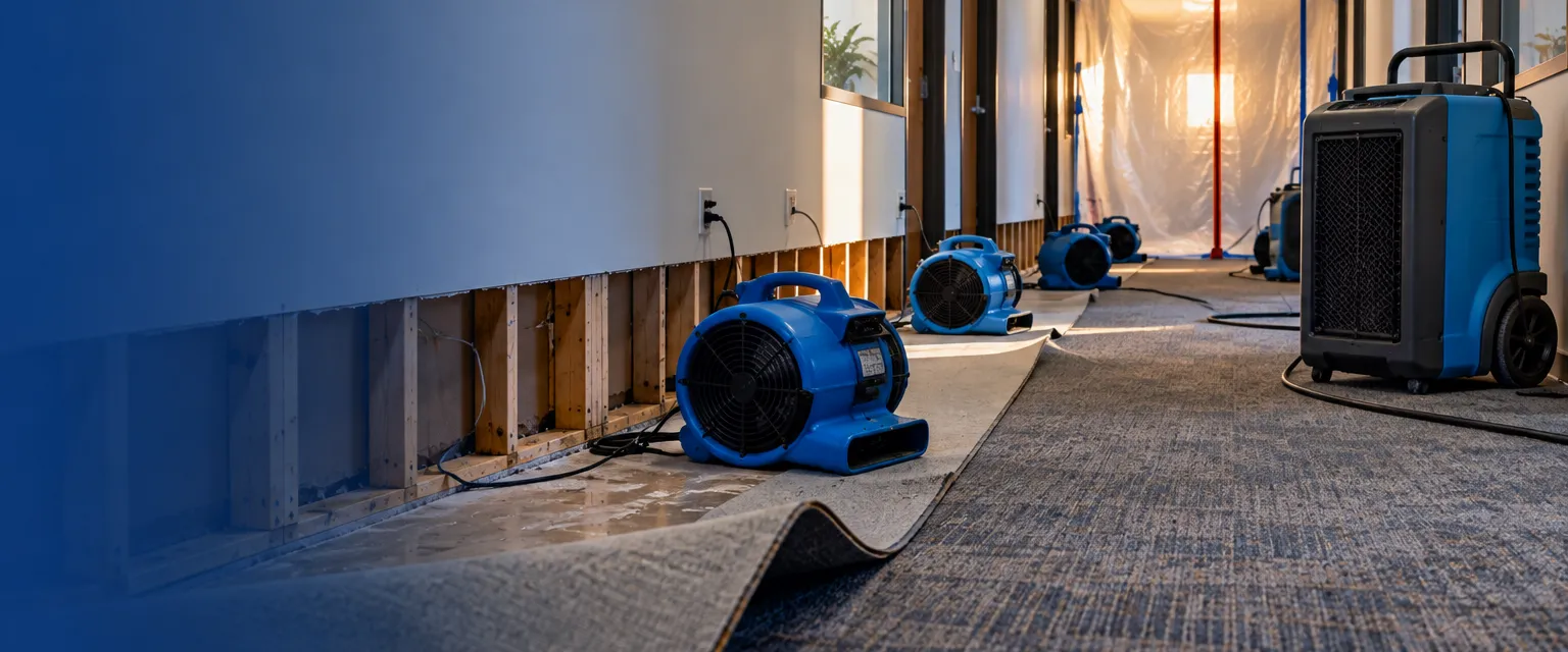 An office corridor with carpet pulled back, air movers and a dehumidifier running beside cut baseboard, plastic containment at the far end