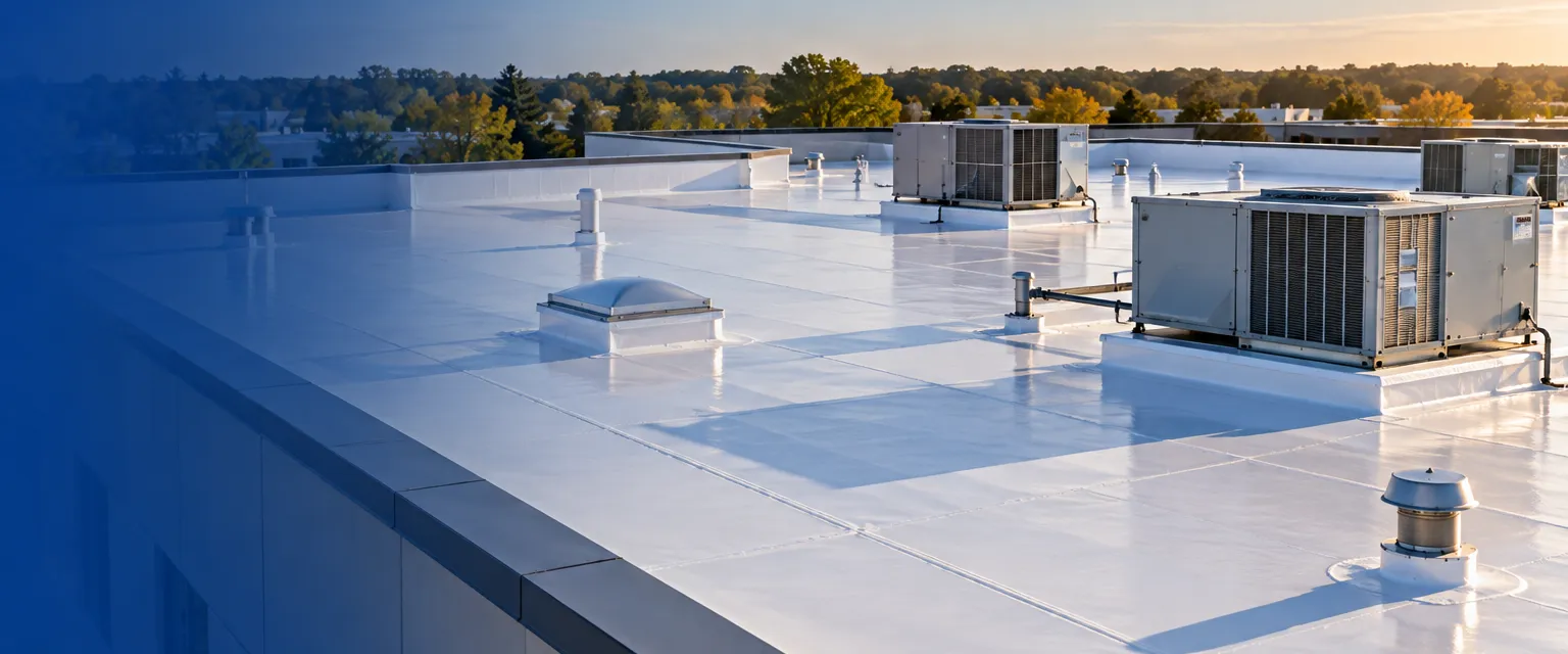 A low-slope commercial roof in clean white single-ply membrane with heat-welded seams, rooftop HVAC units on curbs and a parapet edge
