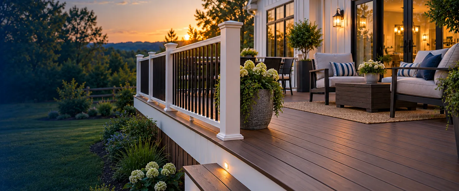 A finished composite deck in walnut brown with hidden fasteners and a white aluminum railing with black balusters wrapping a modern farmhouse, chairs and a planter on the boards