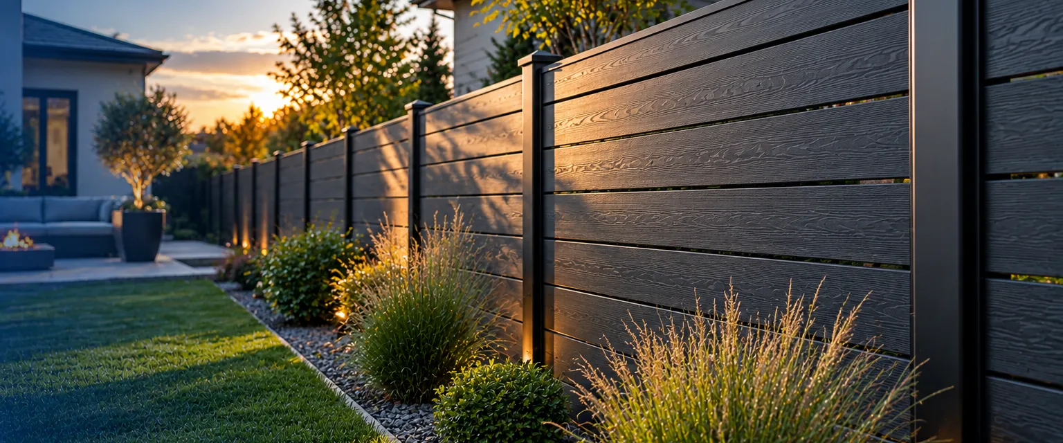 Horizontal charcoal composite fence panels with a fine wood-grain texture between aluminum posts, enclosing a contemporary backyard with gravel beds and ornamental grasses