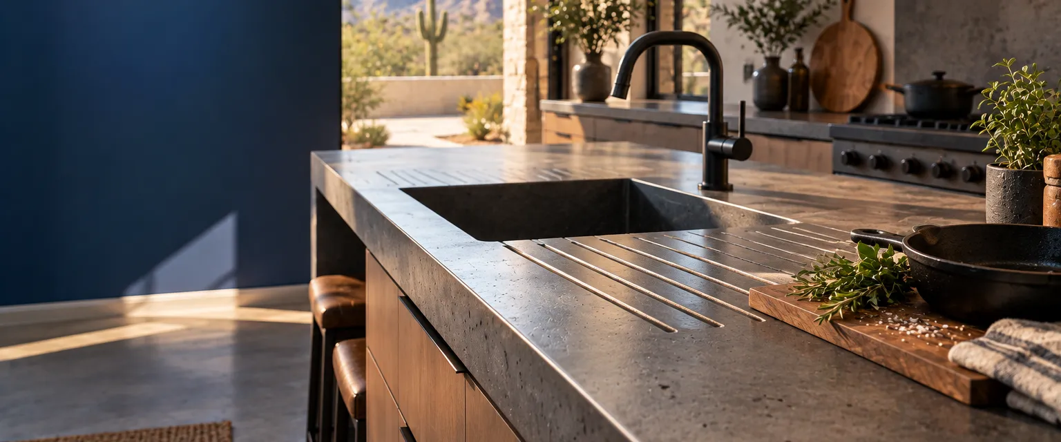 An industrial-style kitchen with a cast charcoal concrete counter, an integrated drainboard and a few natural air pockets, a cast-iron pan on top