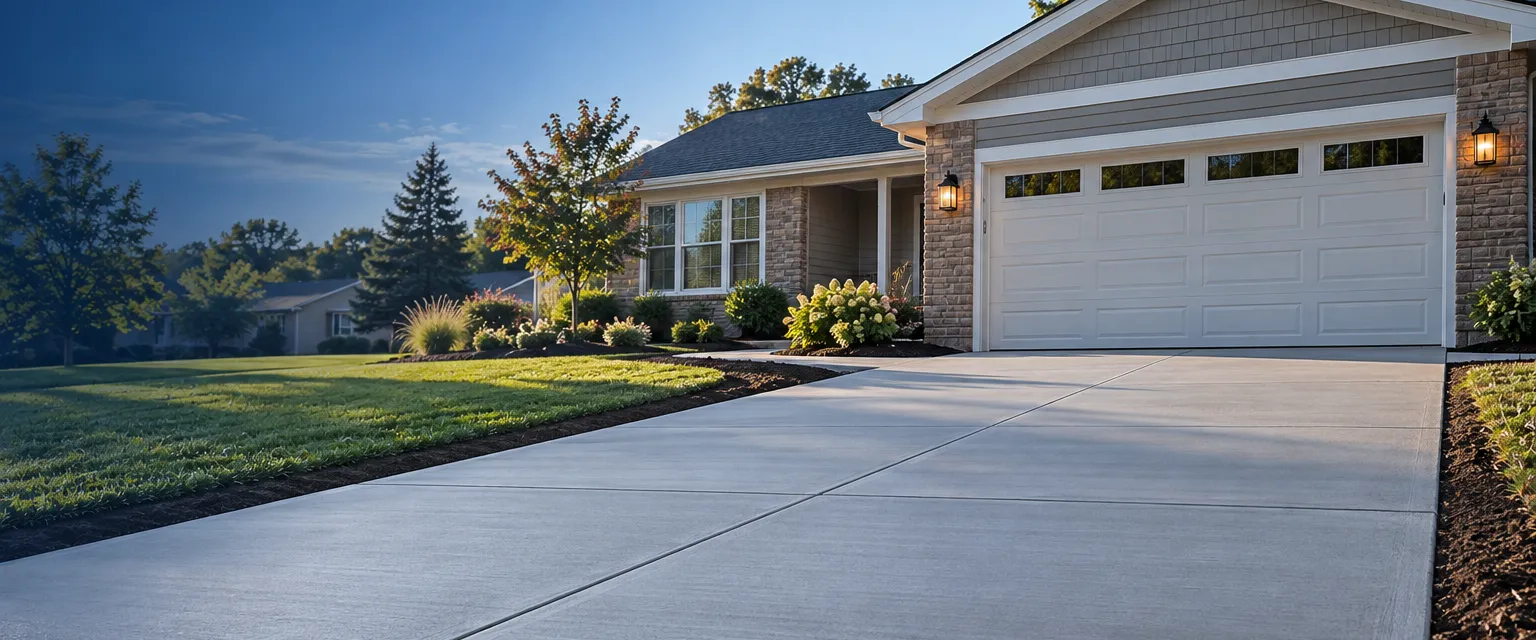 A newly poured light gray concrete driveway with a broom finish and straight control joints leading to the two-car garage of a ranch house