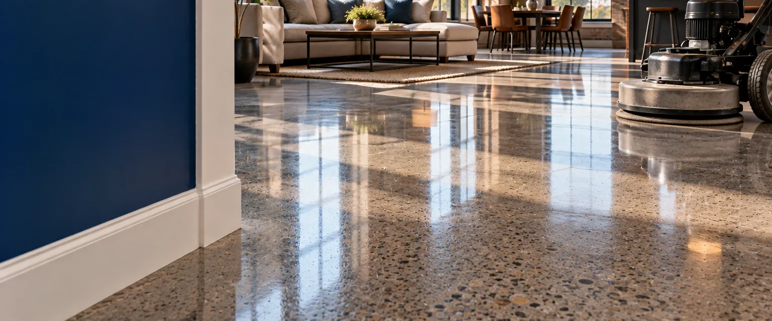 A loft-style living space with a mirror-polished gray concrete floor showing aggregate flecks and reflections of tall windows