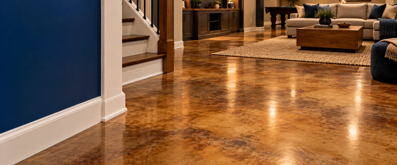 A finished basement family room with acid-stained concrete in mottled amber and walnut tones under a satin sealer