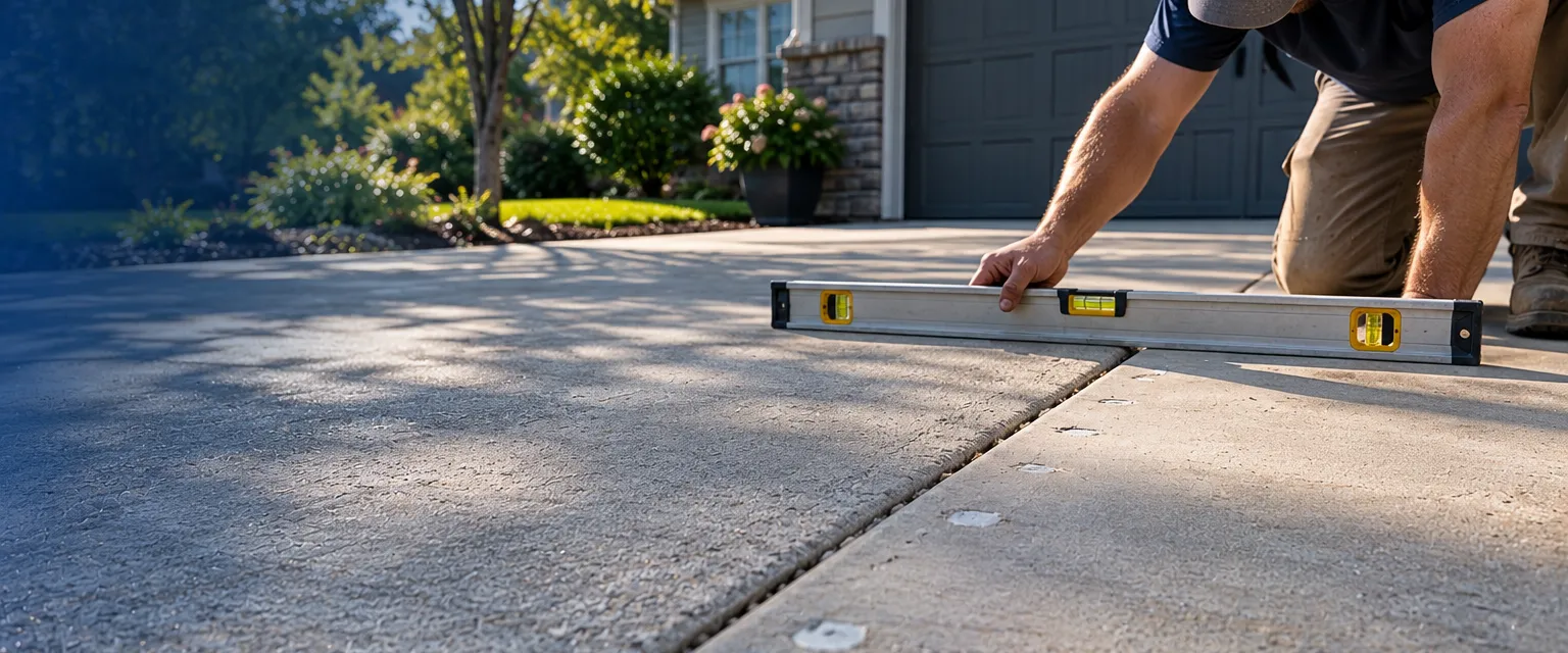 A once-sunken concrete driveway slab sitting flush with its neighbor, a row of small patched injection holes, a worker checking the joint with a long level