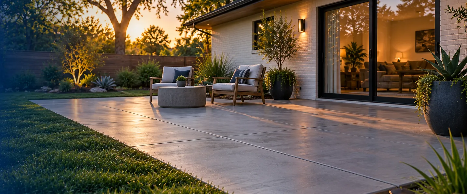A smooth broom-finished concrete patio with saw-cut control joints extending from the sliding glass door of a mid-century ranch, lounge chairs, potted succulents and fresh sod along the edges