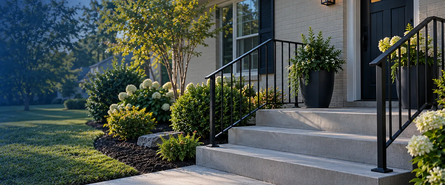 New poured concrete front steps with square edges and a black metal handrail leading to the front door of a small ranch home, potted plants on each side