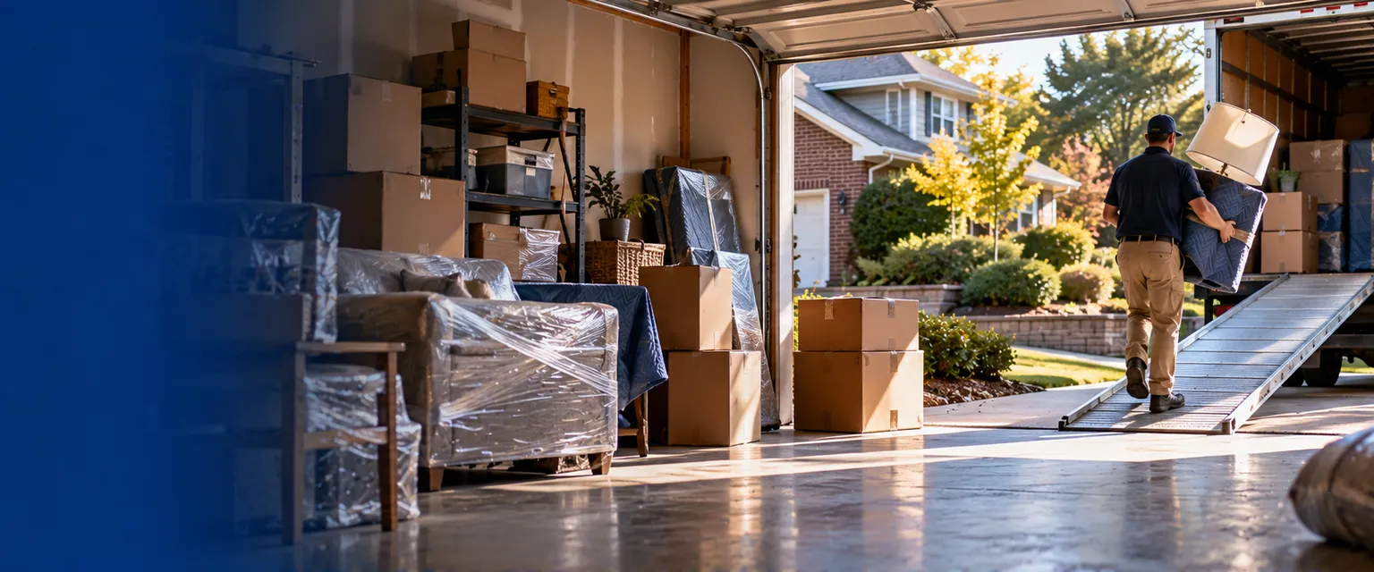 A garage lined with packed boxes and wrapped furniture, a worker carrying a padded lamp toward a box truck
