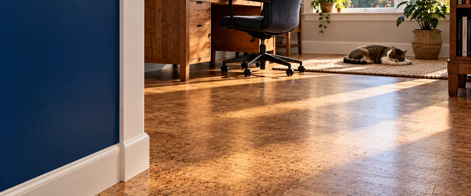 A cozy home office with warm speckled cork plank flooring, a desk and rolling chair, and a cat asleep on a small rug