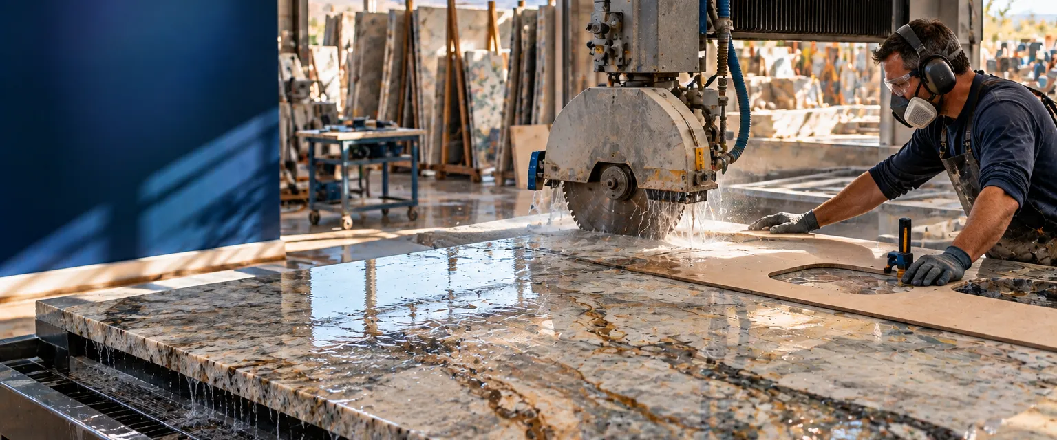 A stone shop where a veined quartzite slab rests on a water-fed cutting table, a fabricator in safety glasses and respirator guiding the cut