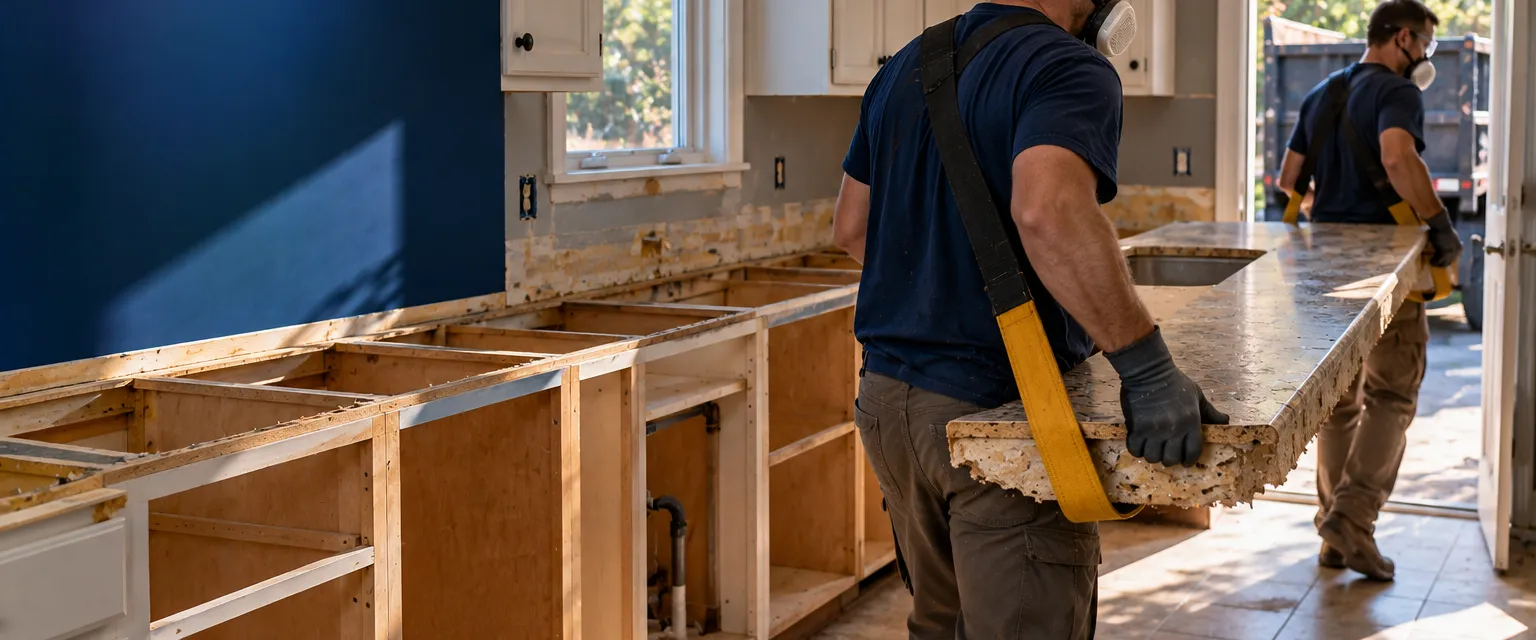 An emptied kitchen with bare, level cabinet boxes and two workers in gloves and respirators carrying a section of old laminate counter out