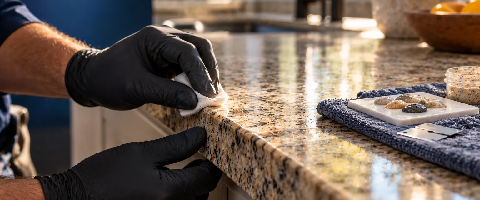 Gloved hands buffing a repaired chip at the edge of a speckled granite counter, a tray of color-matched epoxy and a razor blade on a cloth