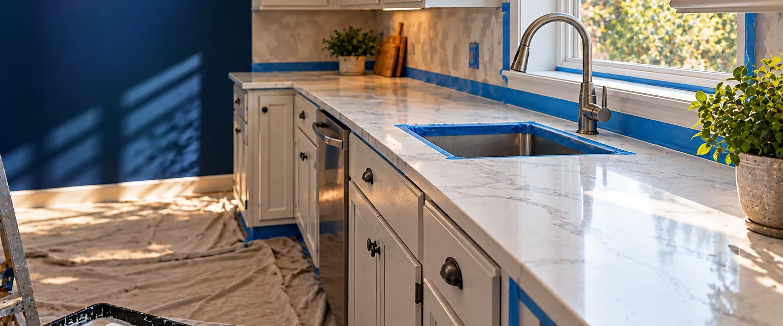 An older kitchen mid-refresh with the counters coated in a smooth white stone-look finish, blue tape around the backsplash and sink