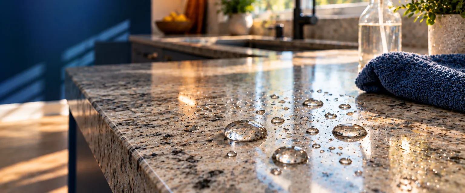 Water beading into droplets on a freshly sealed honed granite counter, a microfiber cloth and a plain spray bottle beside it