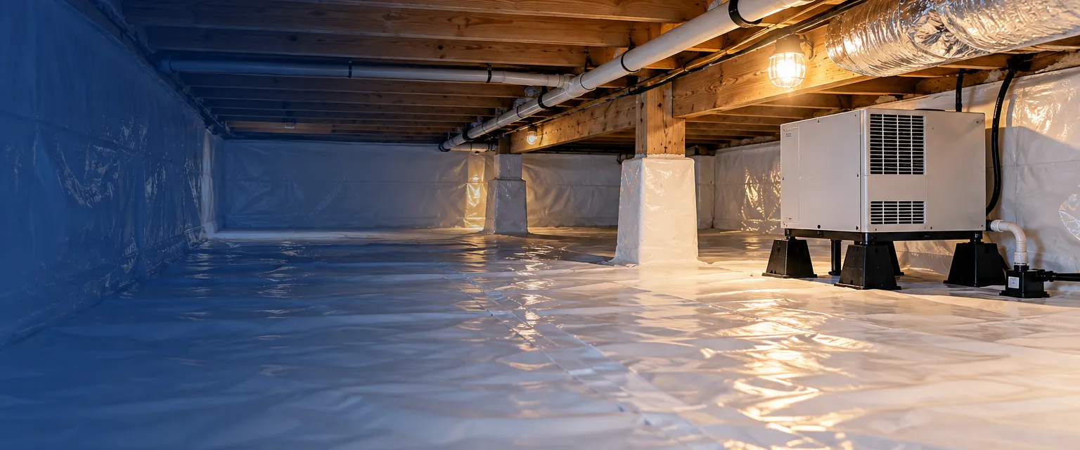 Inside a low crawlspace sealed with bright white heavy vapor barrier over the floor and walls, taped seams, a small dehumidifier on a stand and wooden floor joists above, lit by a work lamp