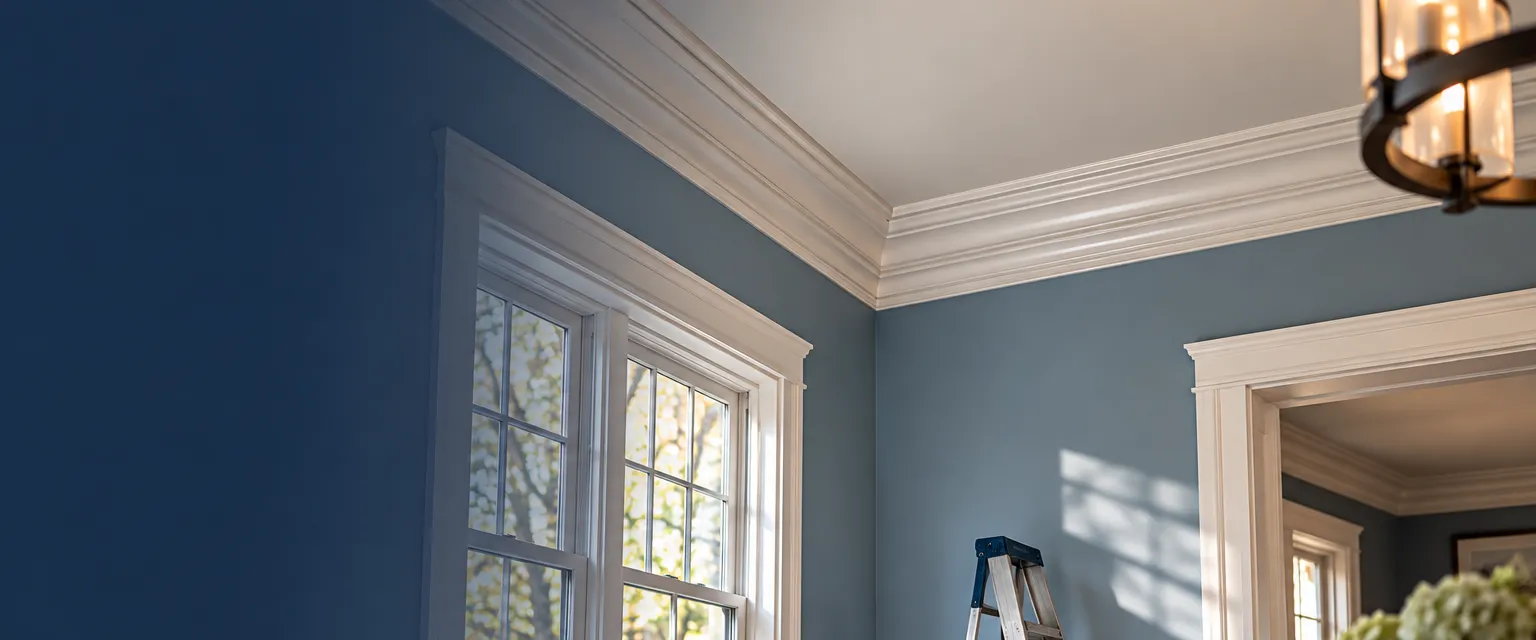 A low view into the corner of a dining room where deep stepped white crown molding meets pale blue walls and a fresh ceiling