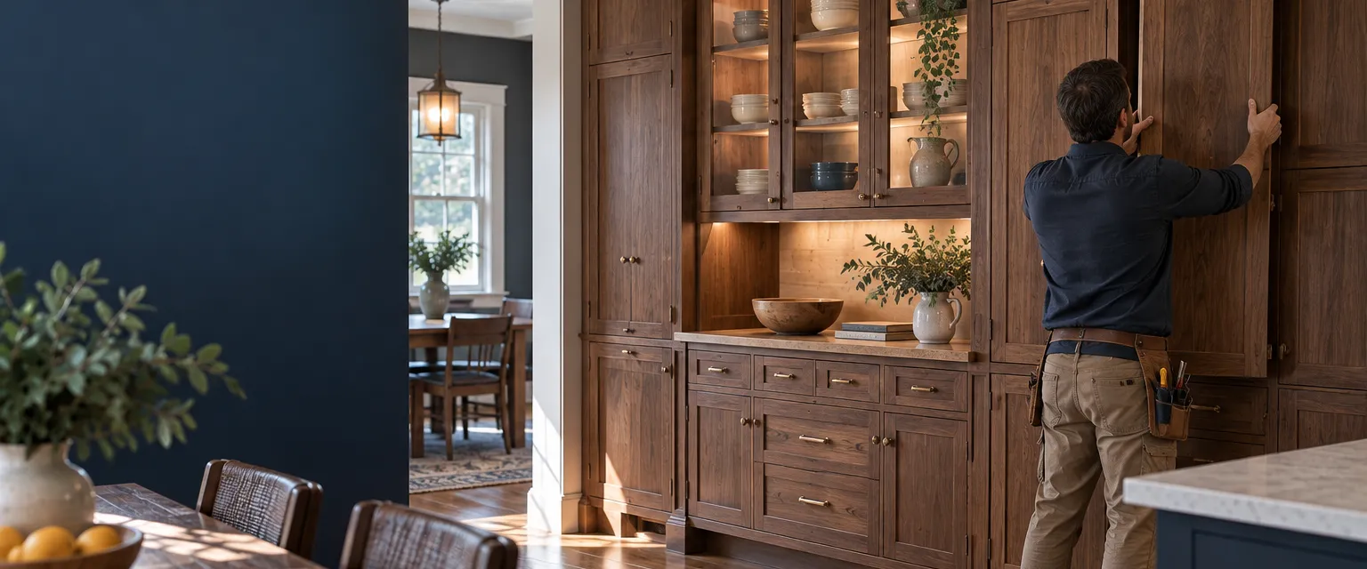 A woodworker fitting a hand-built walnut cabinet door into a wall of inset cabinetry with a built-in hutch in a craftsman kitchen