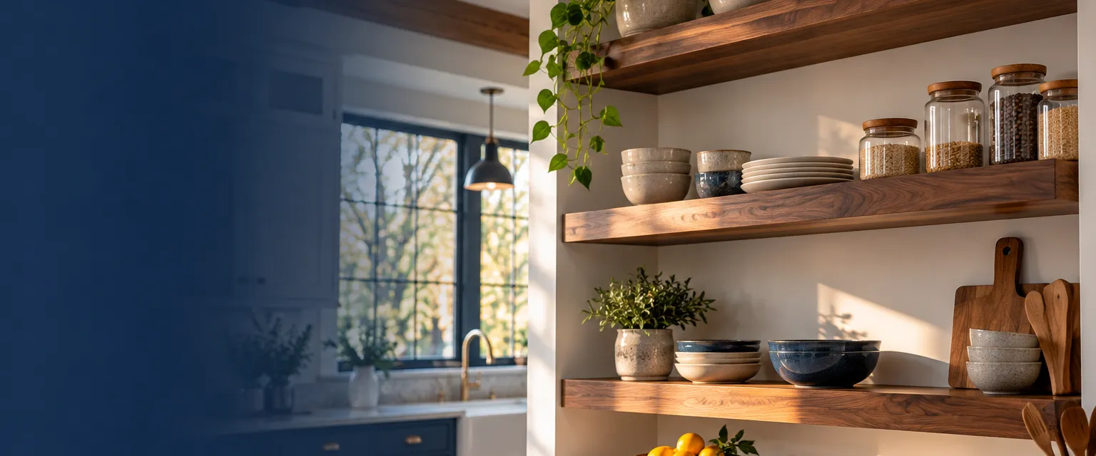Floating walnut shelves in a white kitchen alcove holding stoneware bowls, glass jars and a small plant, the grain and clean edges visible