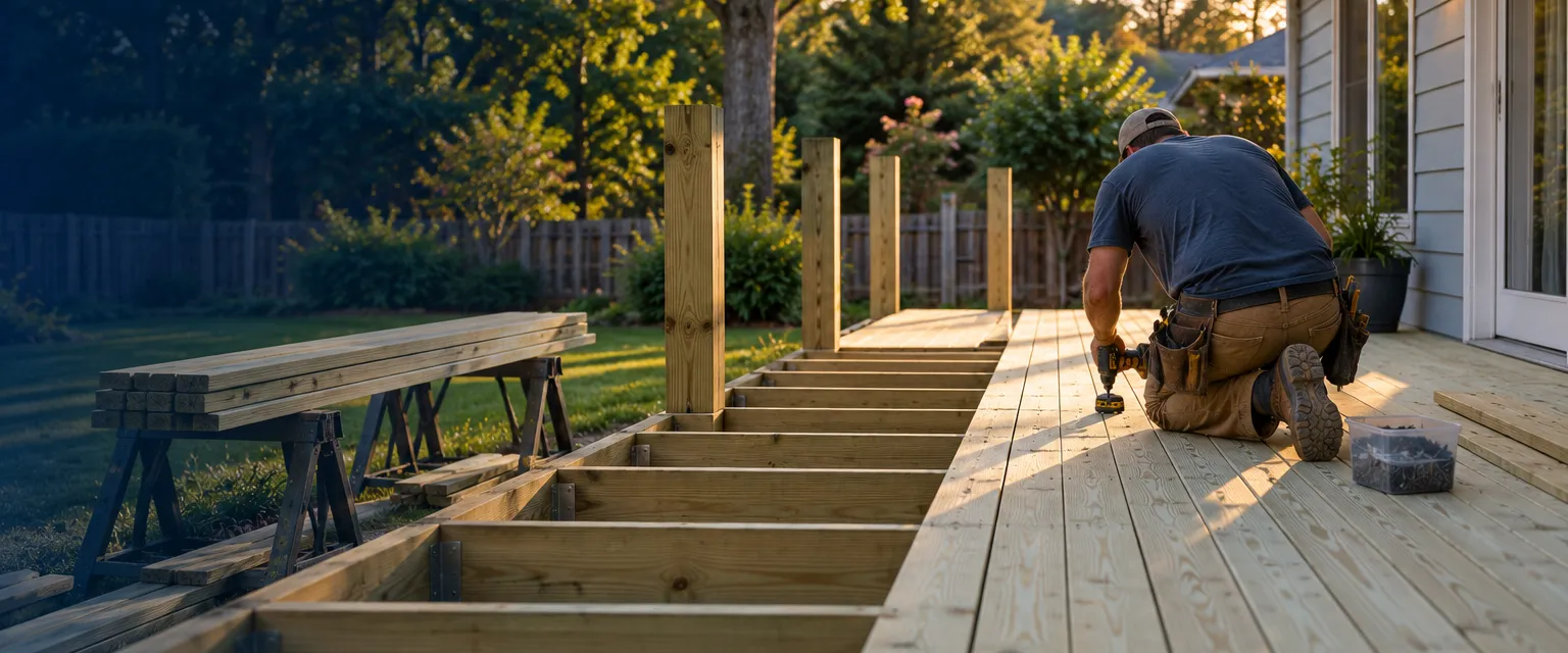 A pressure-treated wood deck under construction behind a ranch house, joists finished and half the decking fastened, a carpenter kneeling with a drill seen from behind