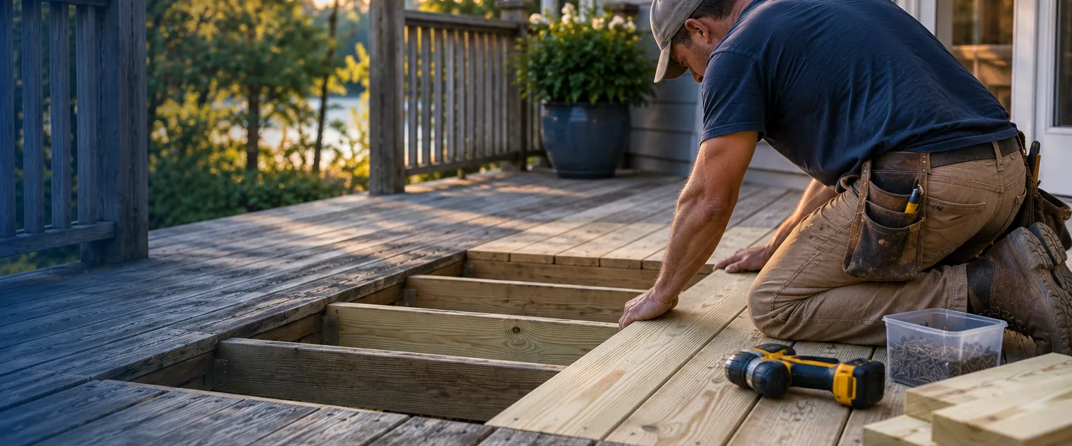 A carpenter in plain workwear, seen from the side, setting a new joist section and fresh decking boards into an older gray deck, a drill and a box of screws beside him