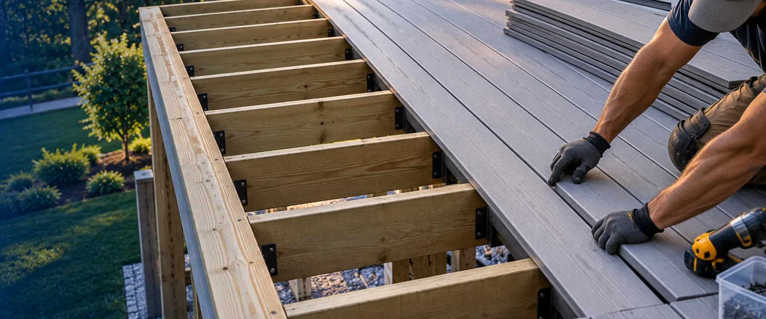 An existing deck frame on a raised backyard getting new pale gray composite planks fastened in straight rows toward the house, a gloved worker's hands aligning the next board