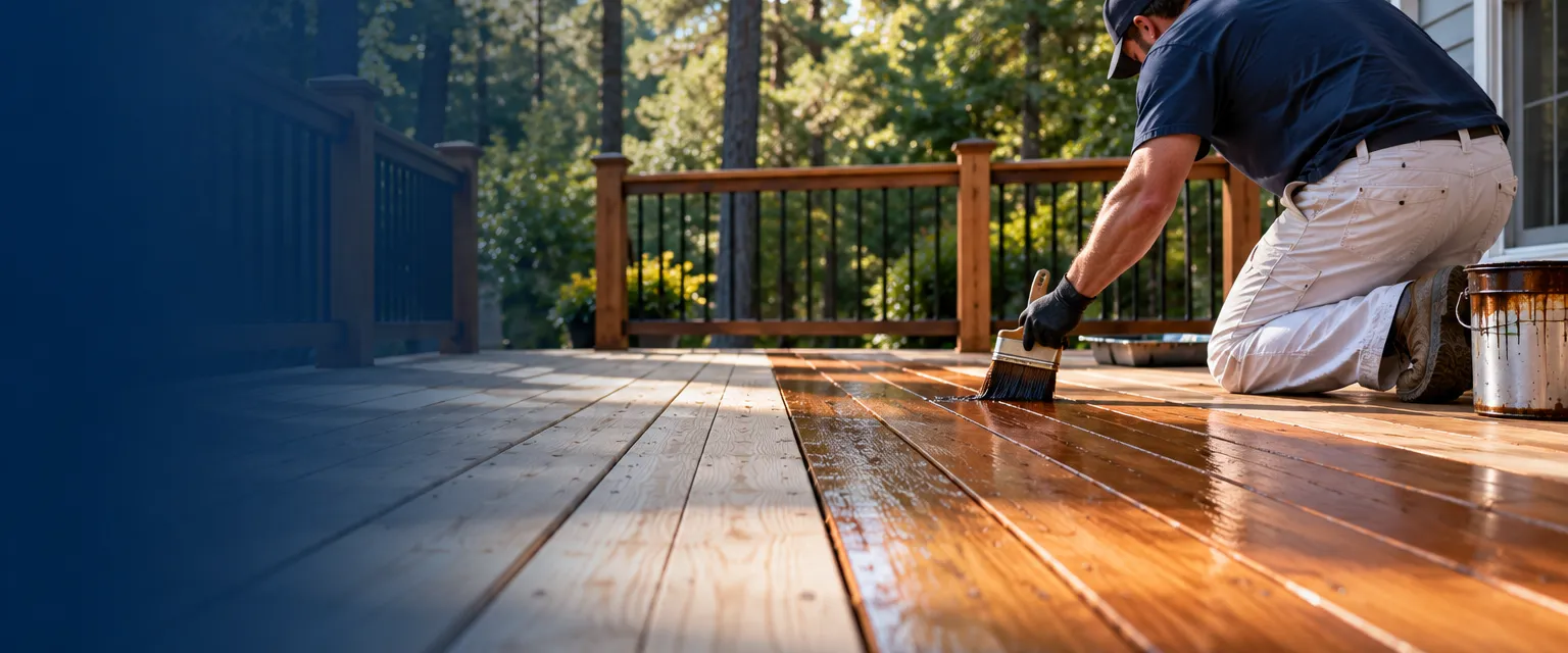 A backyard cedar deck half coated in warm stain, a gloved worker brushing along the boards with pines behind