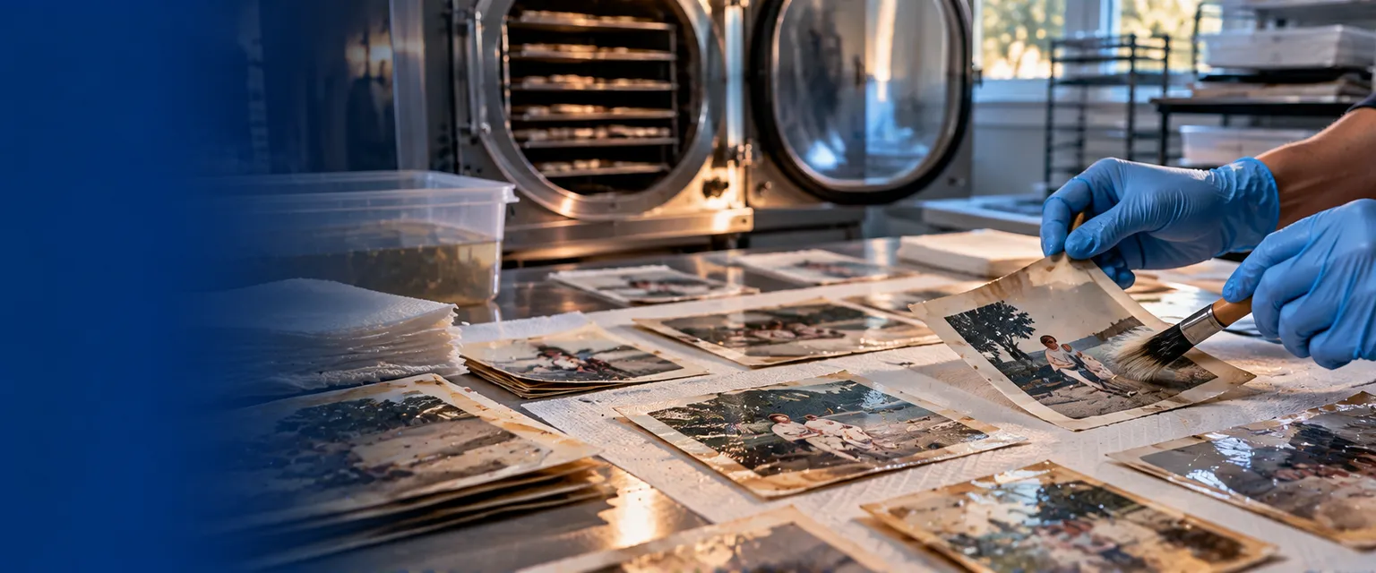 Water-stained family photographs drying on blotter sheets while gloved hands separate stuck prints with a soft brush