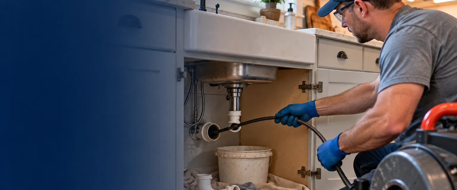 A plumber in nitrile gloves and safety glasses, seen from the side, feeding a cable from a compact drum machine into a kitchen sink drain with the trap removed, a drop cloth and bucket protecting the cabinet floor