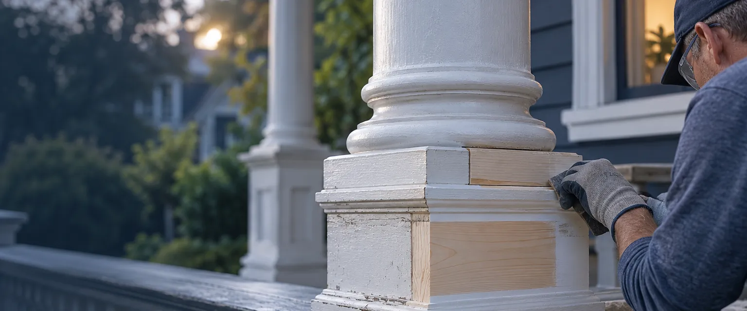A painted porch column base on a Victorian house with a freshly spliced section of new primed wood joined to the old trim, tools in a tray nearby