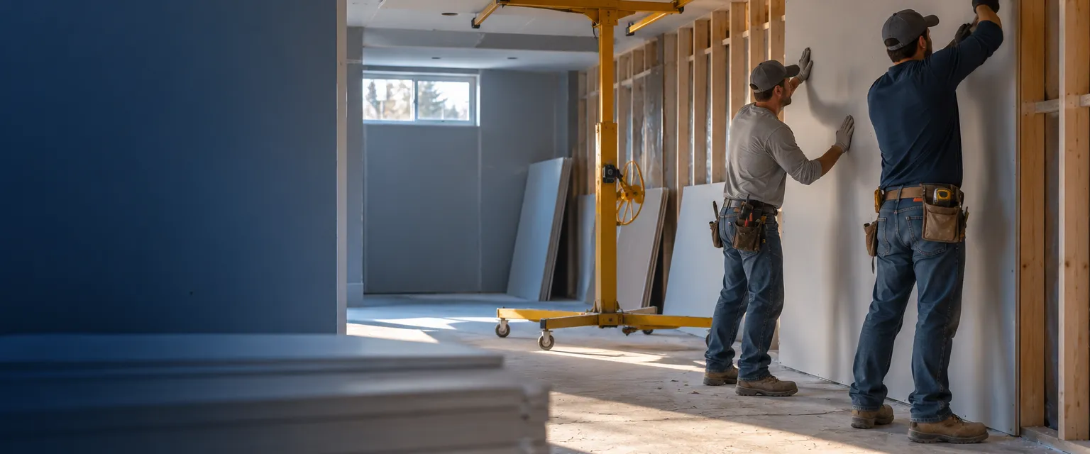 Two workers seen from the side hold a full gypsum board sheet against wood studs while one screws it in place, a drywall lift carrying a ceiling panel overhead in a basement addition