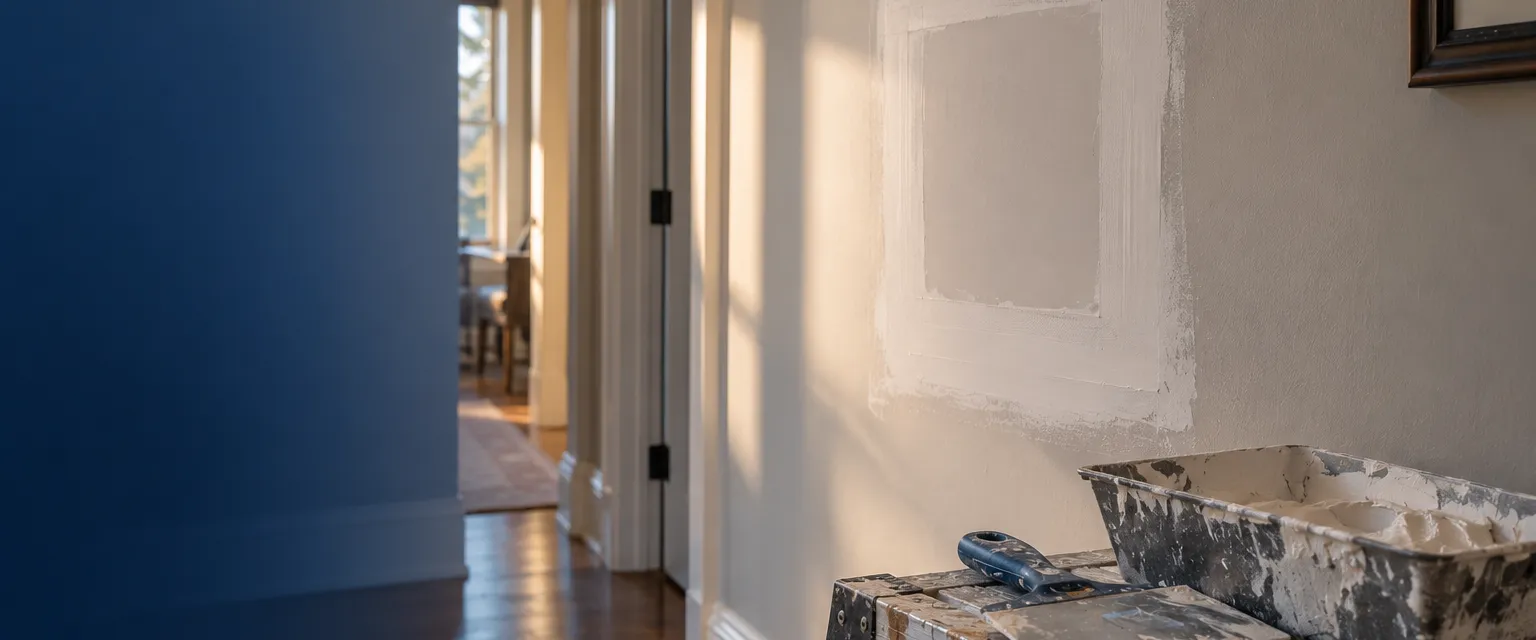 Close view of a neatly patched hole in a painted hallway wall, the square drywall patch taped, mudded and feathered smooth, a wide taping knife and small mud pan resting on a step stool