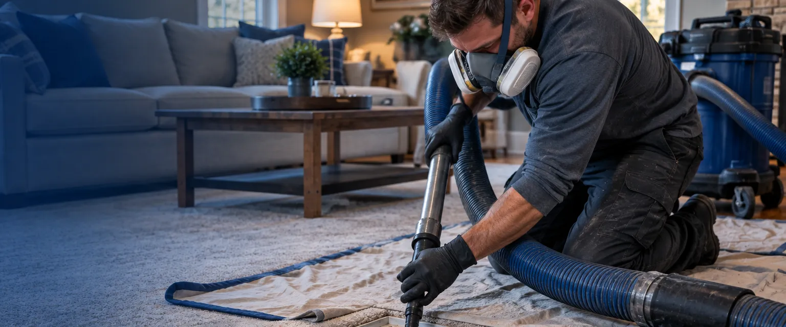 A technician in a respirator and gloves guides a rotating brush hose into an open floor register in a carpeted living room, a large vacuum hose sealed to the return grille and drop cloths protecting the floor