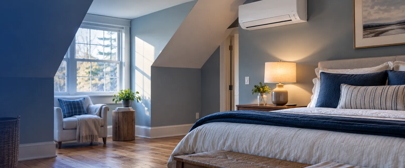 A slim white wall-mounted ductless indoor unit high on the wall of a converted attic bedroom with sloped ceilings and pine floors, a small remote on the nightstand and soft daylight from a dormer window