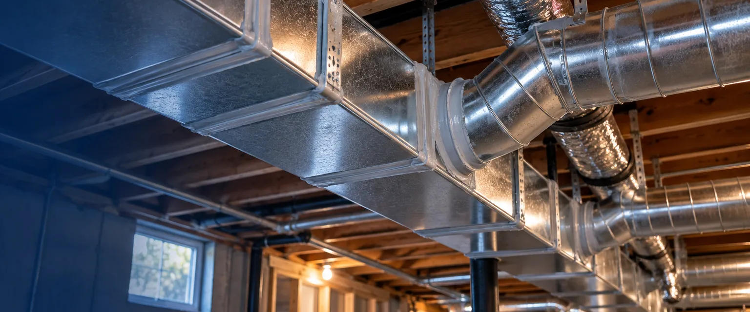 New galvanized sheet metal trunk lines and round branch ducts hung on straps between basement joists, every seam sealed with gray mastic, insulated flex runs heading toward the floor registers above