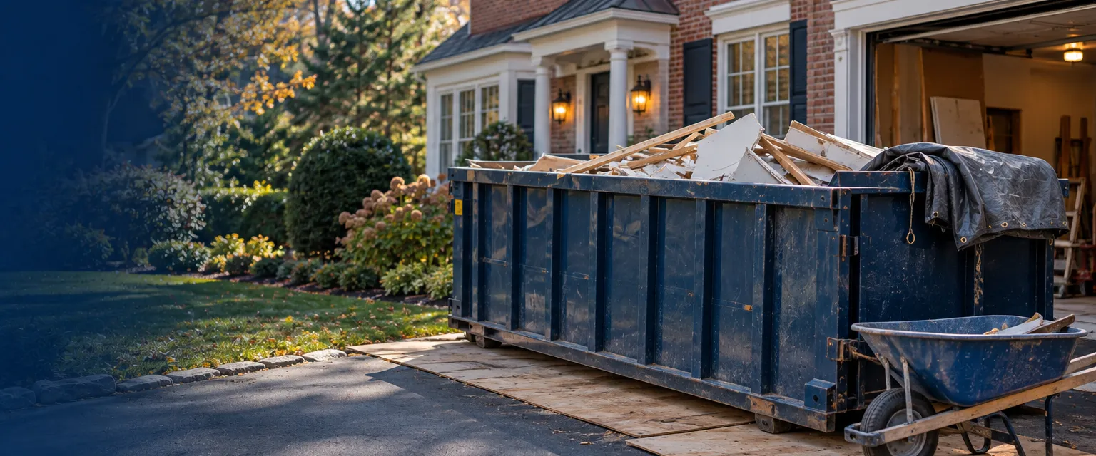 A roll-off dumpster resting on plywood boards in the driveway of a brick colonial, partly filled with drywall scraps and old lumber
