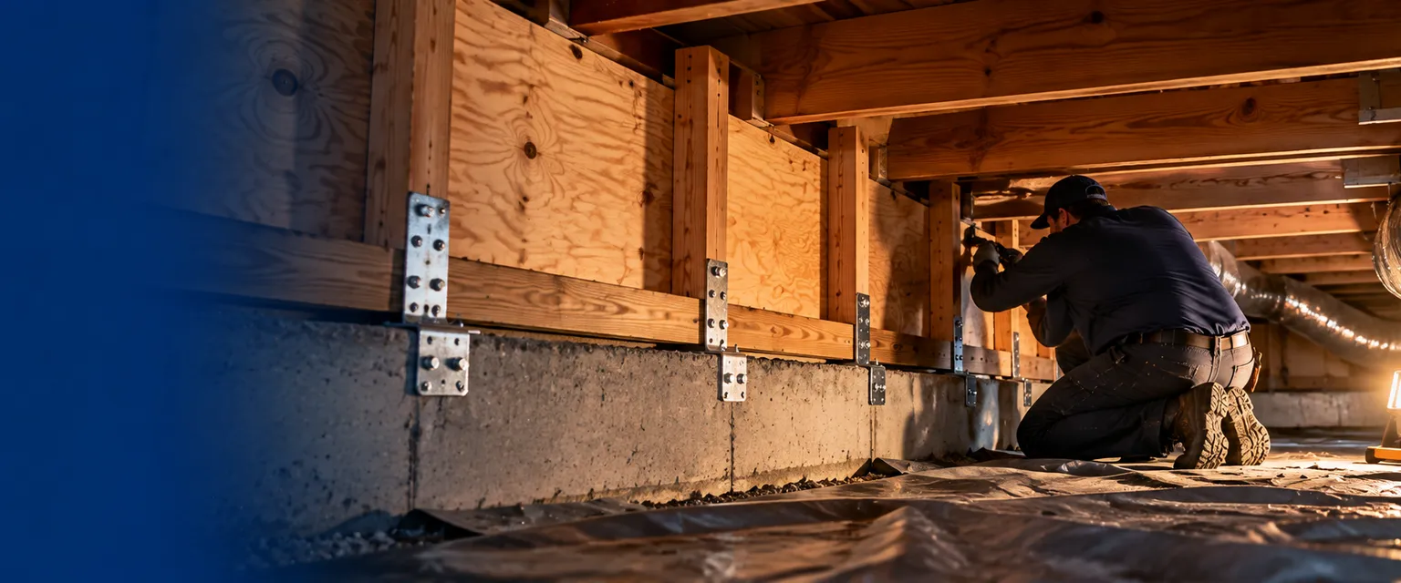 A crawlspace with new steel brackets bolting the sill plate to the foundation and fresh plywood bracing on the cripple walls