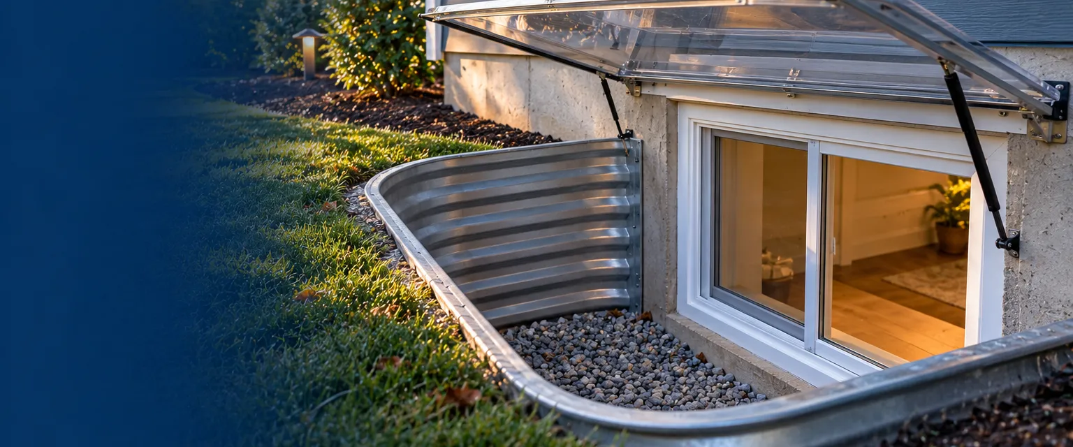 A basement egress window in the side of a home's foundation with a wide corrugated steel window well, gravel base and a hinged clear cover propped open, a new white sliding window beyond