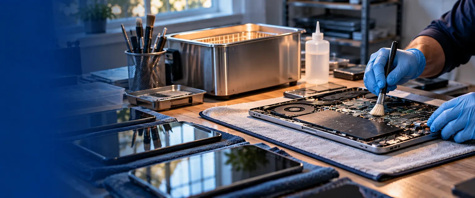 A gloved technician cleaning an opened laptop circuit board with a small brush at a bench beside an ultrasonic cleaning tank