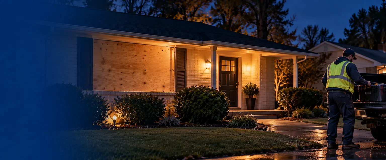 A ranch house at night with its front window covered by a cleanly cut sheet of plywood and a worker loading tools into a truck