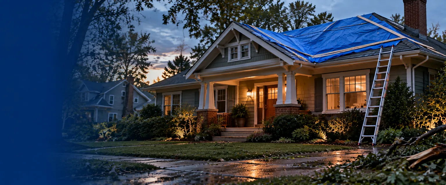 A bungalow after a storm with a blue tarp stretched over part of the roof and held under wooden battens, a tied-off ladder at the eave